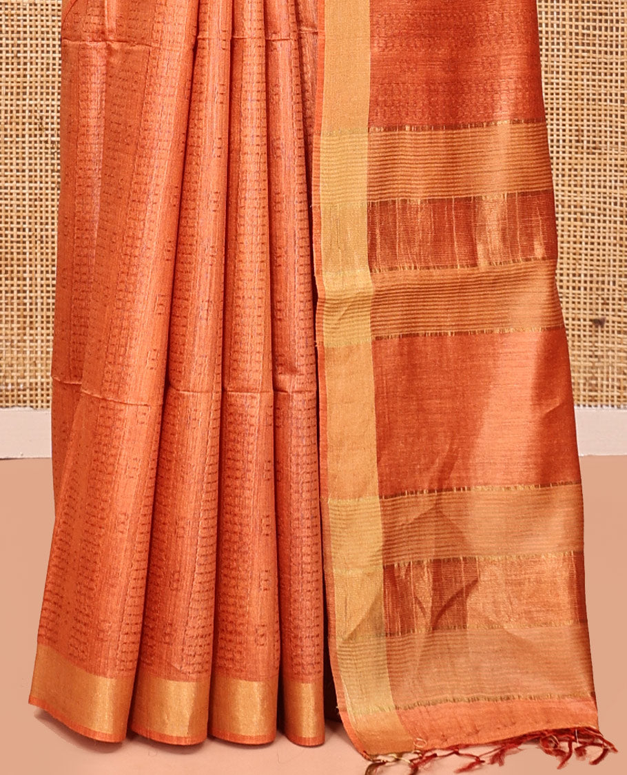 Orange Tussar Silk Saree, Detailed with Checks, a Zari Border, Zari Striped Pallu, and Matching Blouse