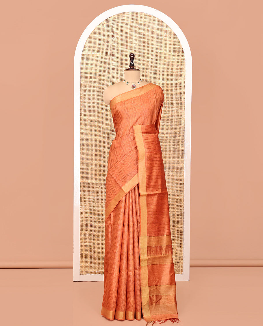Orange Tussar Silk Saree, Detailed with Checks, a Zari Border, Zari Striped Pallu, and Matching Blouse