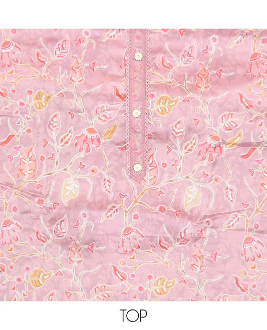 Pink chudidhar material set, floral vine printed organza top, plain bottom & floral vine embroidered organza dupatta