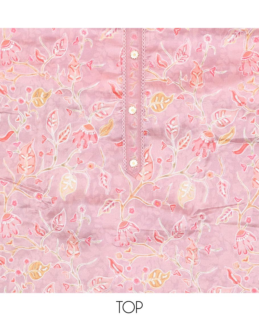 Pink chudidhar material set, floral vine printed organza top, plain bottom & floral vine embroidered organza dupatta