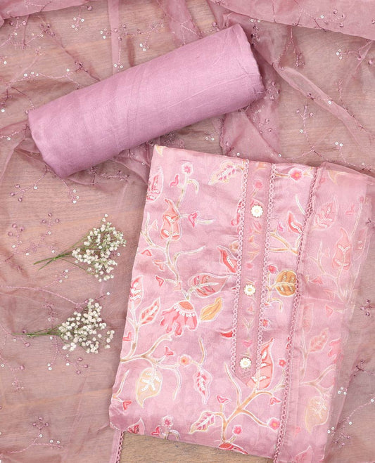 Pink chudidhar material set, floral vine printed organza top, plain bottom & floral vine embroidered organza dupatta