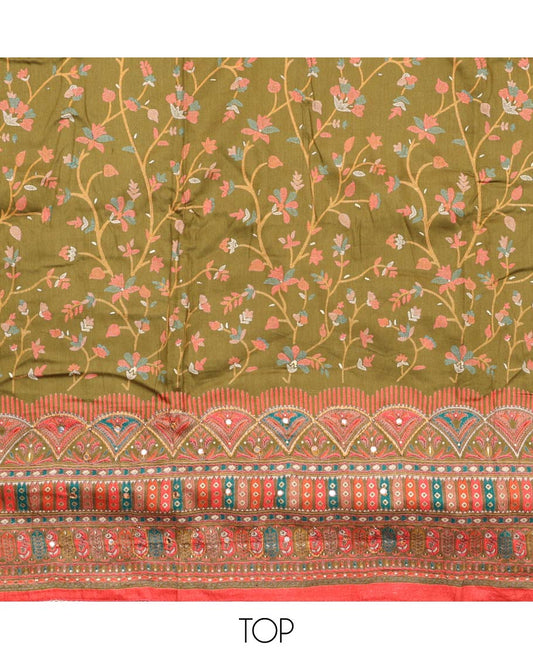 Green material churidar set, floral and kaleidoscopic geometric patterned rayon top, plain bottom, and dupatta of floral and geometric patterns