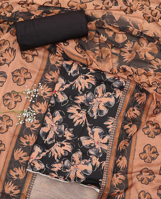 Black material chudidar set, floral printed top, plain bottom, and dupatta floral print