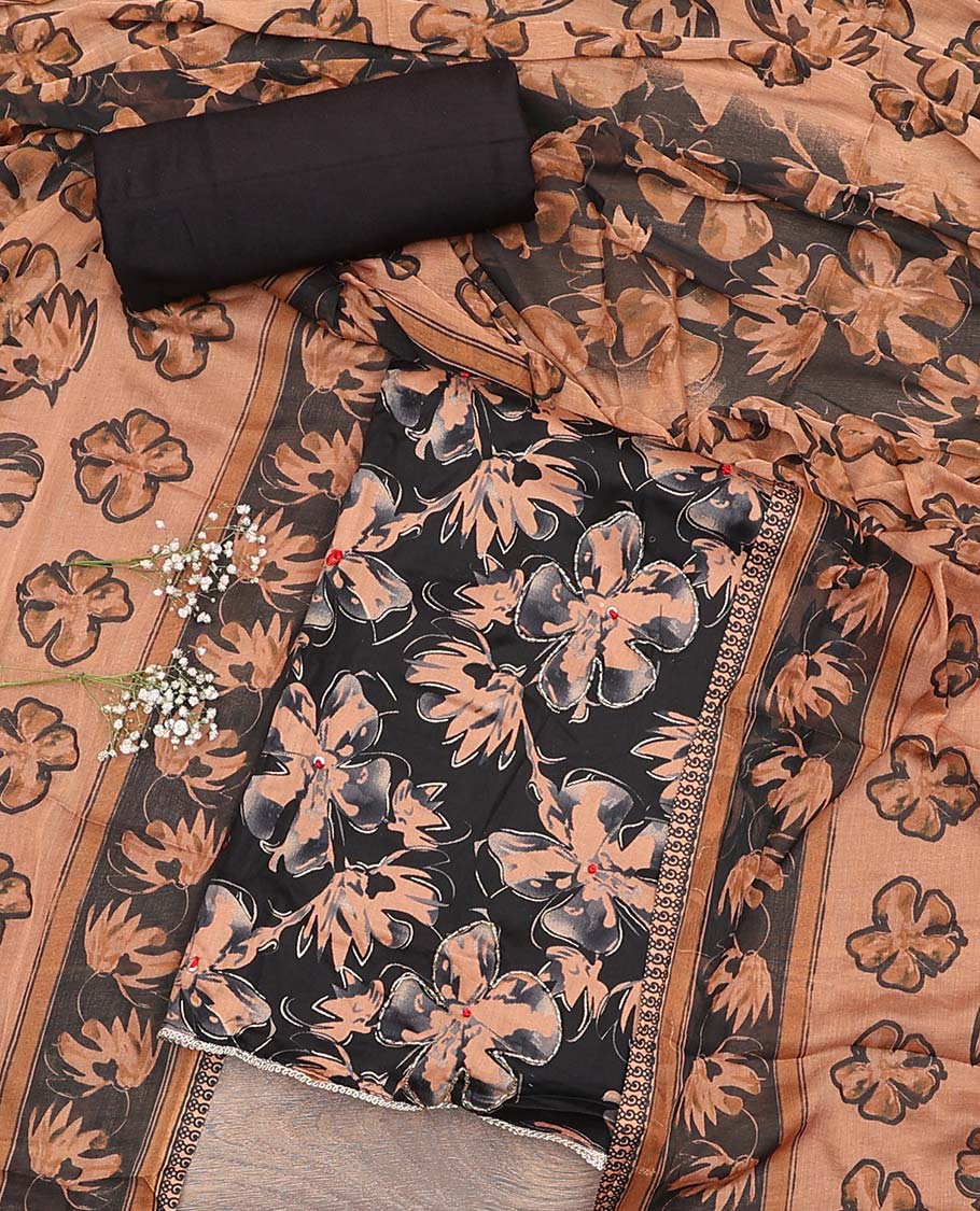 Black material chudidar set, floral printed top, plain bottom, and dupatta floral print