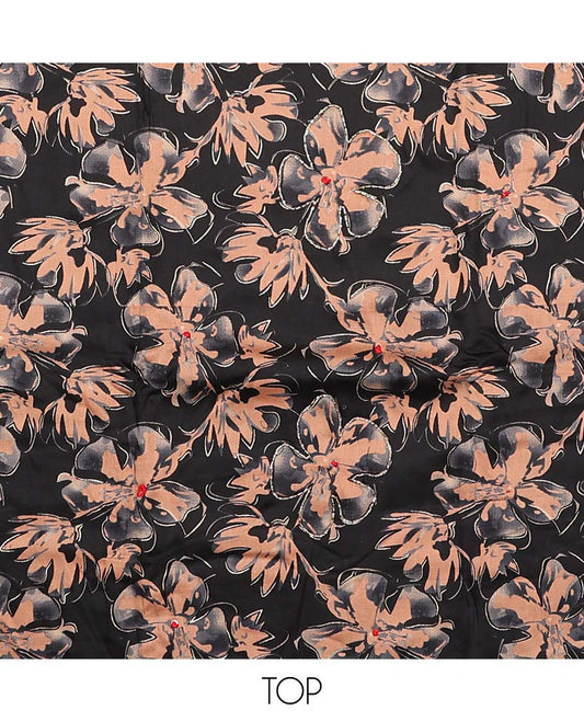 Black material chudidar set, floral printed top, plain bottom, and dupatta floral print
