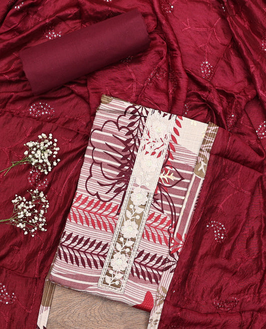 Multi-Color-Maroon Material Chudidar Set, Adorned with Tropical Floral Print and Floral Neck Work on Its Top, a Contrast Plain Rayon Bottom, and Paired with a Paisley Vine Design Sequins Embroidered Chanderi Silk Dupatta