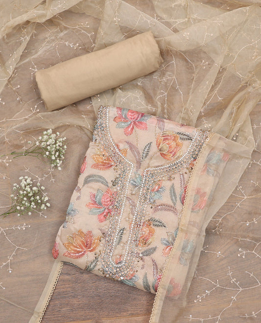 Light Sandal Material Chudidar Set, Masterfully Woven with Floral Print, and Outline Embroidery on Organza Top, a Plain Santoon Bottom, and Paired with a Floral Vine Sequins Embroidered Organza Dupatta