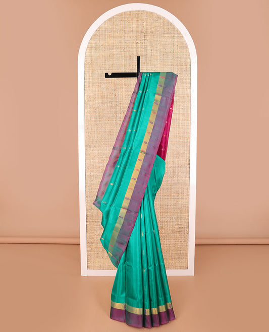Sea green floral motifs uppada saree with contrast zari design border & striped, floral design pallu