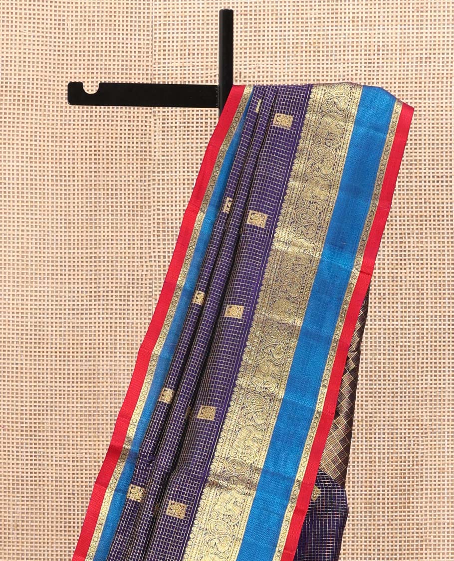 Blue Venkatagiri Silk Saree, Spotlighted with Zari Buttas Enclosed Checks All Over Its Body, Complemented by a Contrast Traditional Zari Design Border, Pallu of Jaal Designs, and Paired with a Contrast Blouse