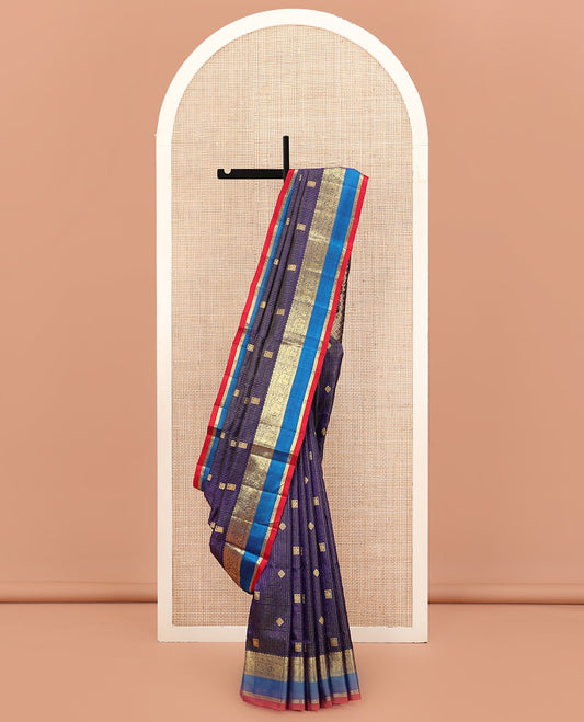 Blue Venkatagiri Silk Saree, Spotlighted with Zari Buttas Enclosed Checks All Over Its Body, Complemented by a Contrast Traditional Zari Design Border, Pallu of Jaal Designs, and Paired with a Contrast Blouse