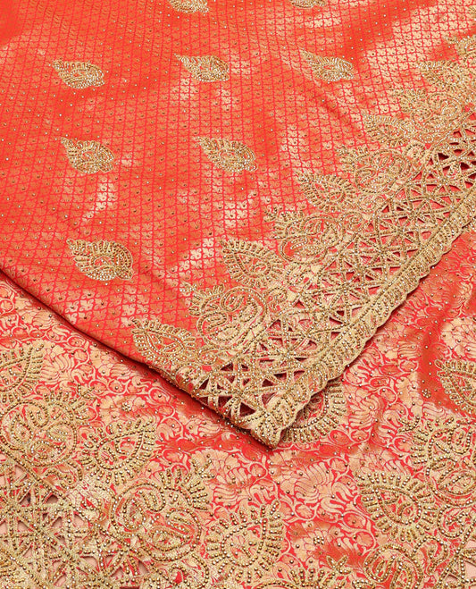 Red jacquard stone embroidered silk saree, stone embroidered scallop zari design cut work border & zari woven & stone embroidered pallu
