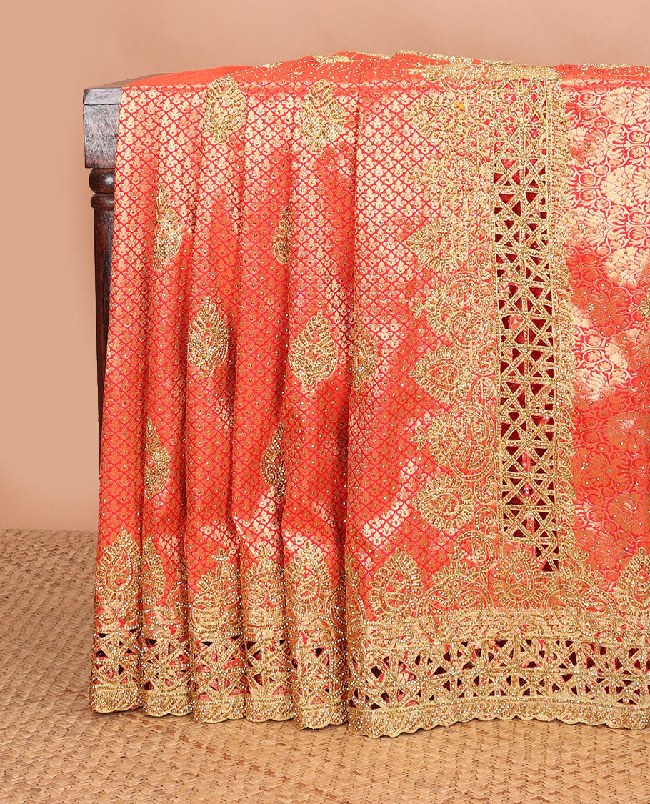Red jacquard stone embroidered silk saree, stone embroidered scallop zari design cut work border & zari woven & stone embroidered pallu