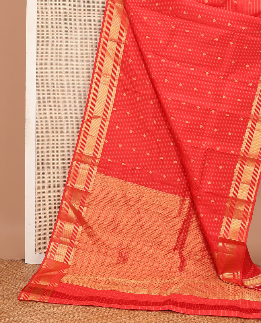 Red zari buttas & striped Vasundhara silk mix saree, zari traditional border & thilakam motifs pallu
