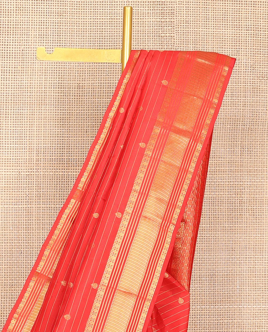 Red zari buttas & striped Vasundhara silk mix saree, zari traditional border & thilakam motifs pallu