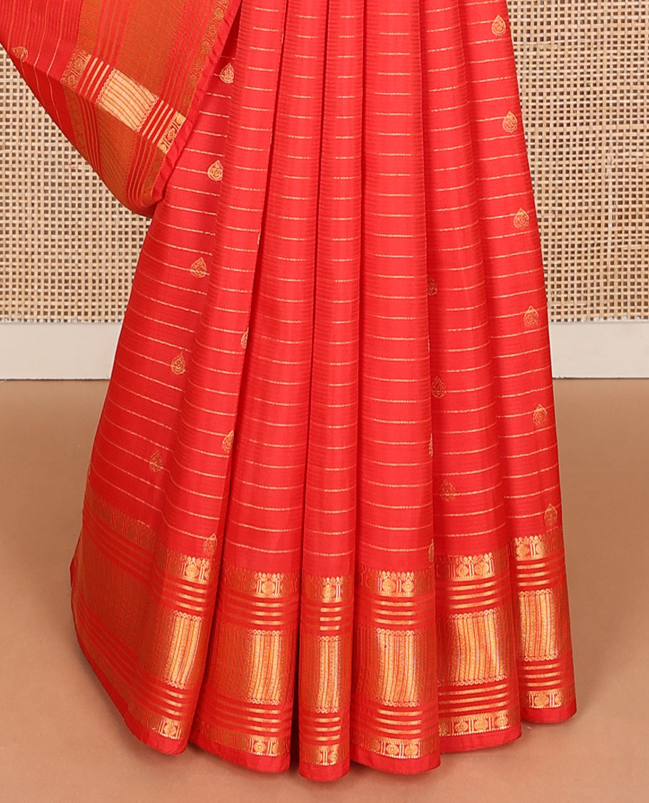 Red zari buttas & striped Vasundhara silk mix saree, zari traditional border & thilakam motifs pallu