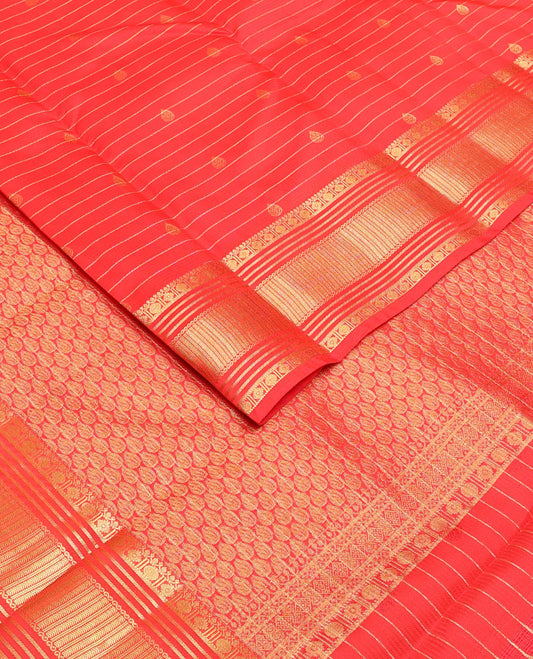 Red zari buttas & striped Vasundhara silk mix saree, zari traditional border & thilakam motifs pallu