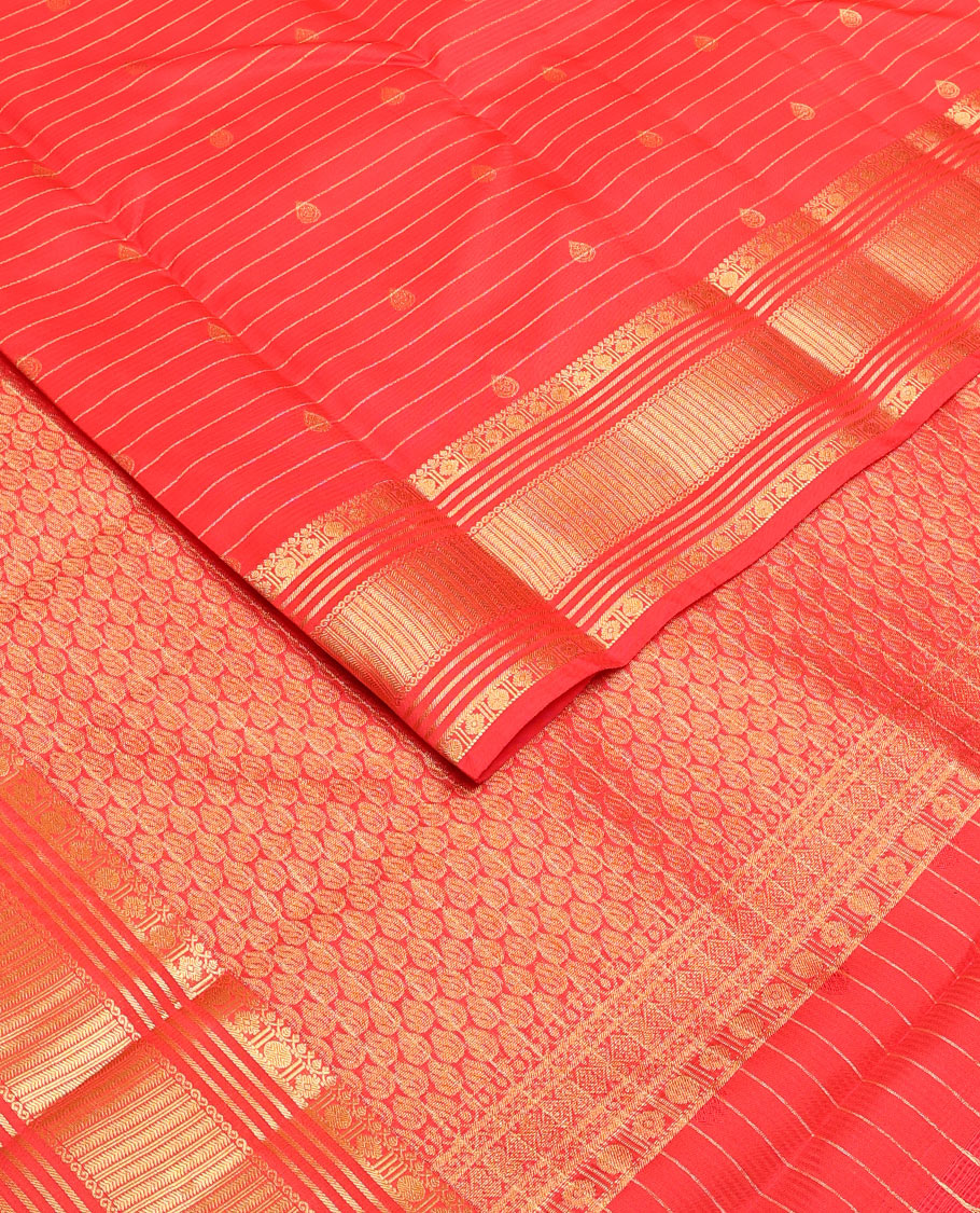 Red zari buttas & striped Vasundhara silk mix saree, zari traditional border & thilakam motifs pallu