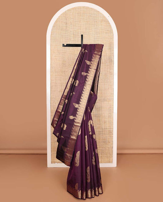 Purple mayil buttas Vasundhara silk mix saree, zari manga mokku border, and chakram buttas enclosed pallu