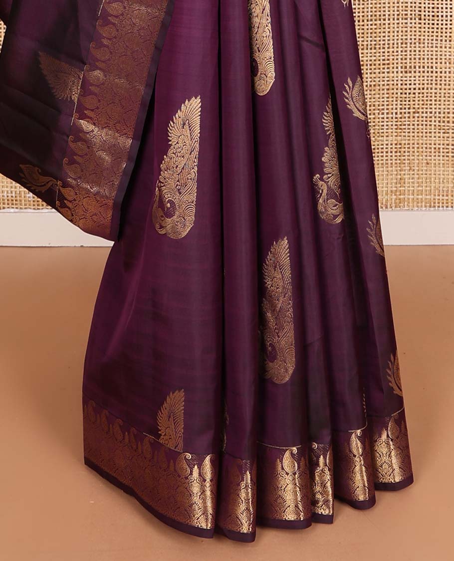 Purple mayil buttas Vasundhara silk mix saree, zari manga mokku border, and chakram buttas enclosed pallu