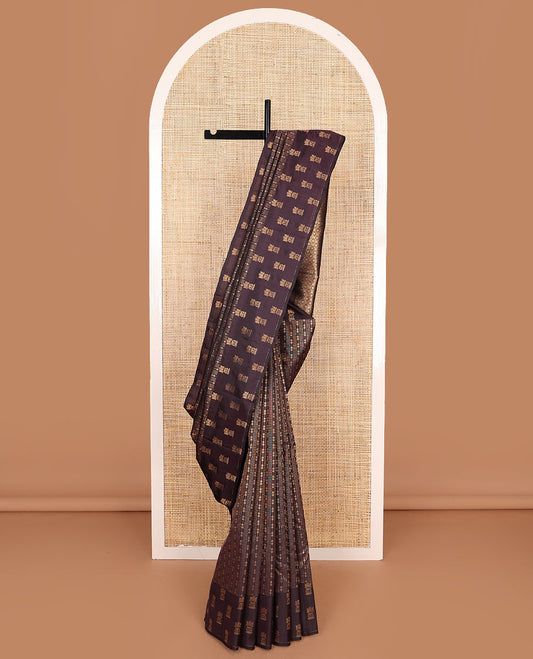 Brown Vasundhara Lite-Silk Mix Saree Woven with Zari Designs, Subtly Sparked with Intricately Designed  Border, Elevated with Ogee Patterned Pallu, and a Matching Plain Blouse