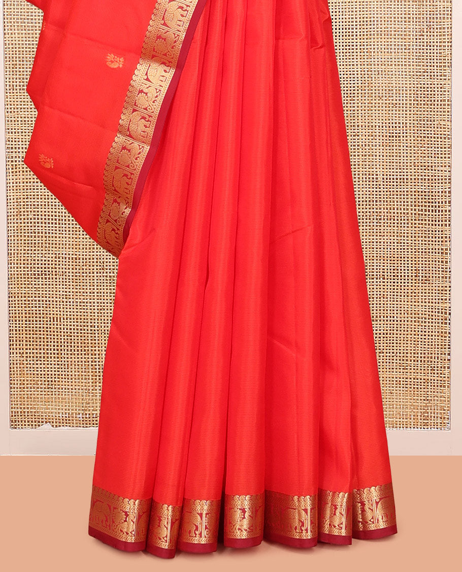 Orange Vasundhara Lite Silk Mix Saree, Gleamed Up with Zari Buttas, a Contrast Border of Manga, Kathir, Mayil, and Yaanai Designs, Grand Pallu, and a Contrast Blouse