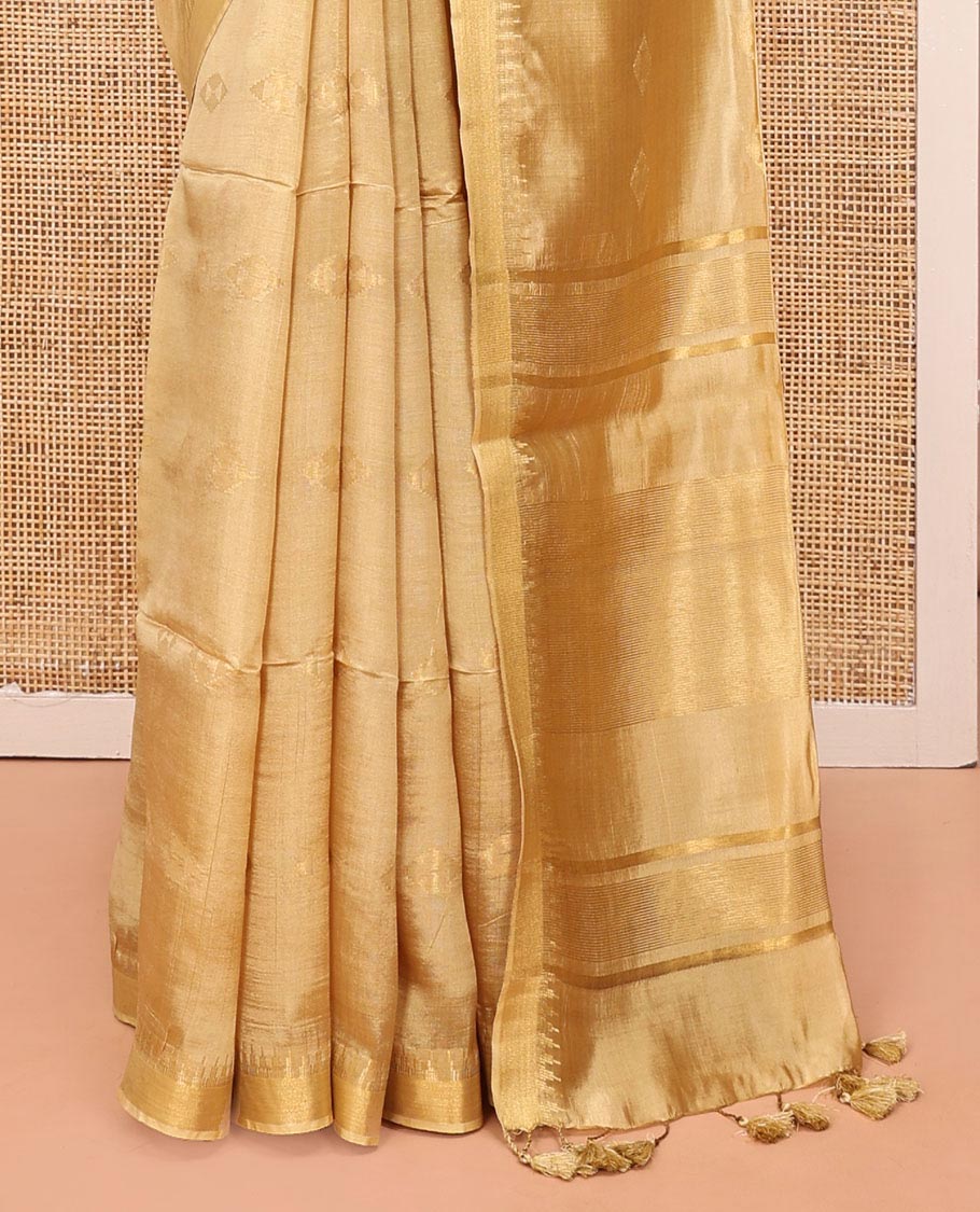 Sandal Banana Pith Saree, Subtly Sparkled with Buttas All Over Its Body, Subtle Border, Striped Pallu, and Paired with a Matching Blouse