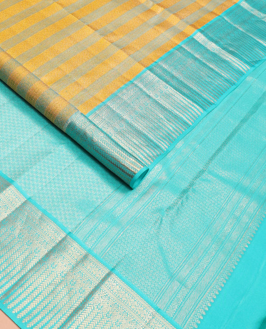 Yellow jacquard wedding silk saree, contrast zari border of muthu,banaras, manga & kathir designs & jaal pallu