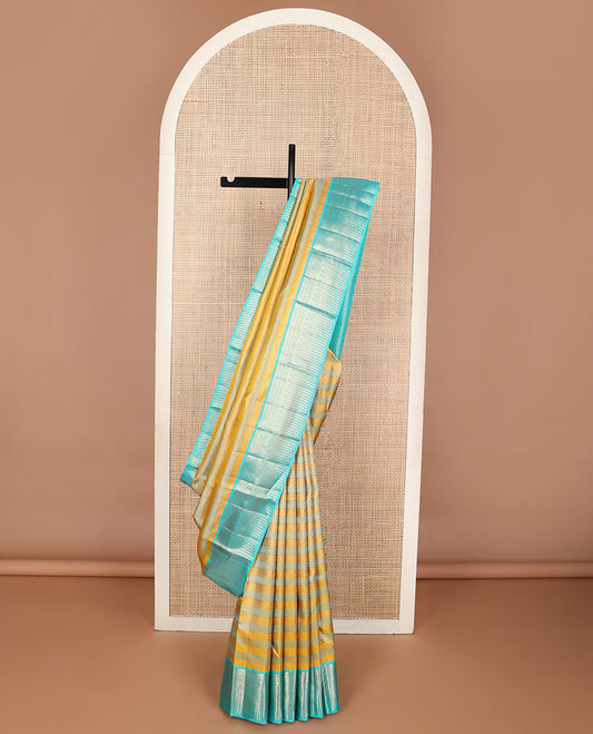 Yellow jacquard wedding silk saree, contrast zari border of muthu,banaras, manga & kathir designs & jaal pallu