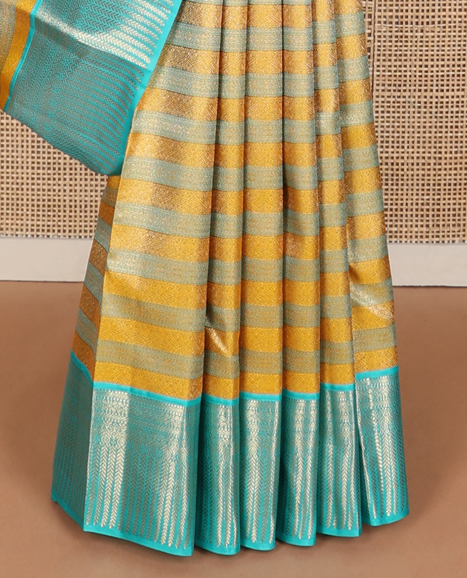 Yellow jacquard wedding silk saree, contrast zari border of muthu,banaras, manga & kathir designs & jaal pallu