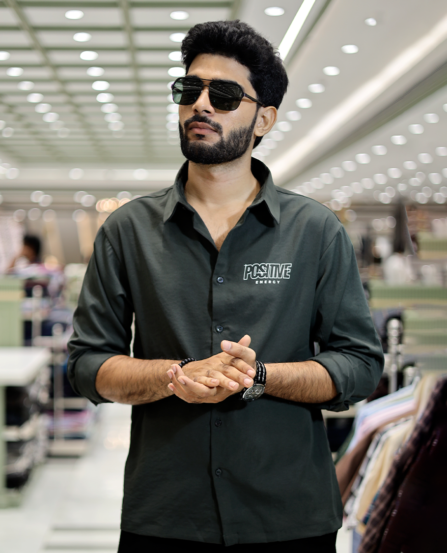 Green Poly-Blended Back Flap Casual Shirt