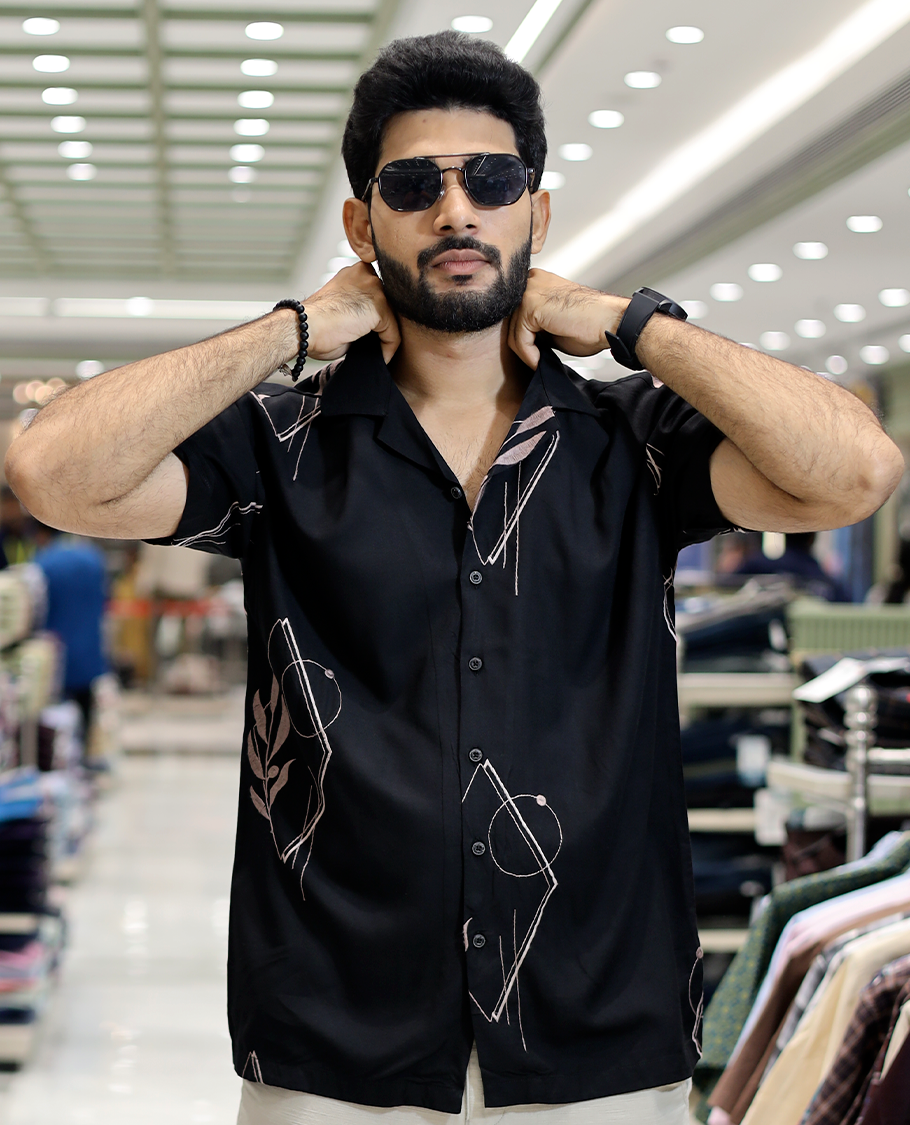 Black Floral Geometric Cotton-Blended Casual Shirt