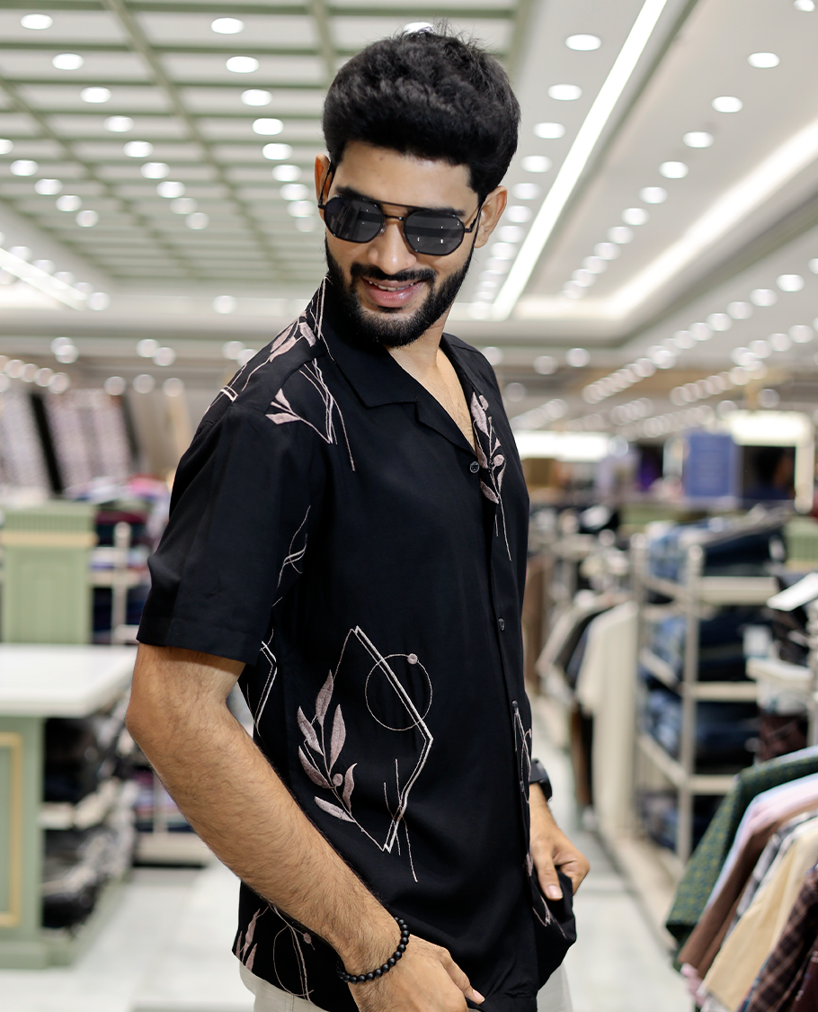 Black Floral Geometric Cotton-Blended Casual Shirt