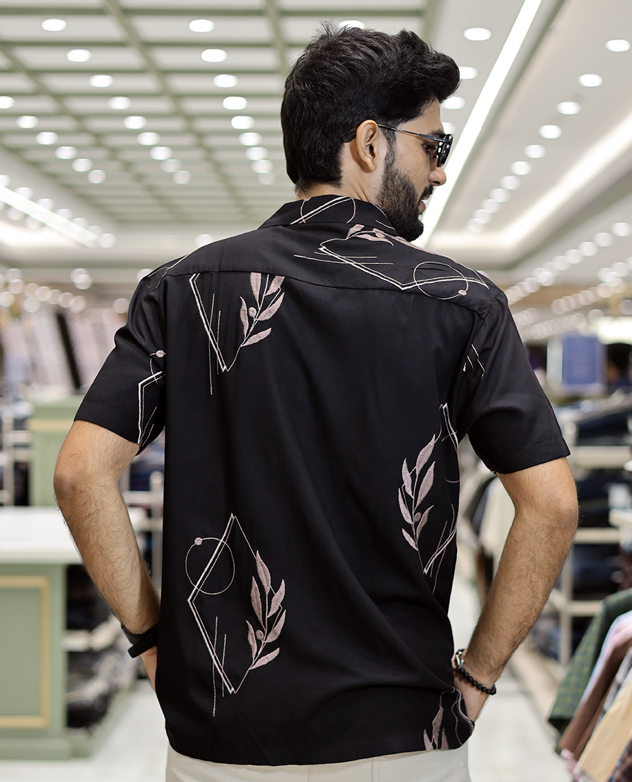 Black Floral Geometric Cotton-Blended Casual Shirt