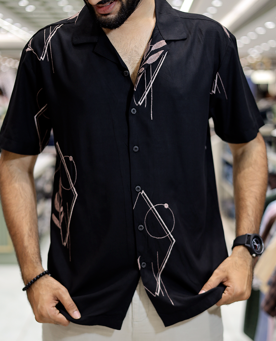 Black Floral Geometric Cotton-Blended Casual Shirt