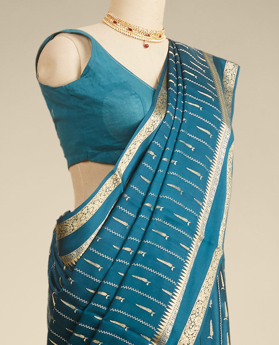 Cream & peach striped with zari design Mysore silk saree, jaal design border & intricate pallu