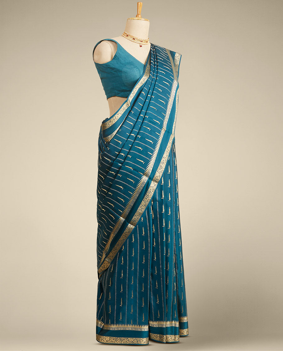 Cream & peach striped with zari design Mysore silk saree, jaal design border & intricate pallu
