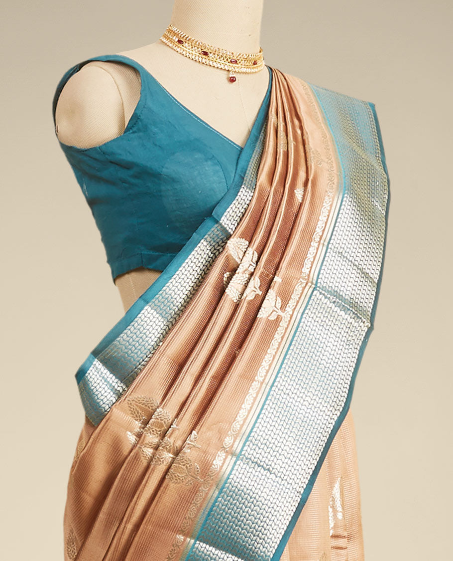 Multi-color jaal Mysore silk saree with zari design, contrast traditional zari border of floral enclosed paisleys