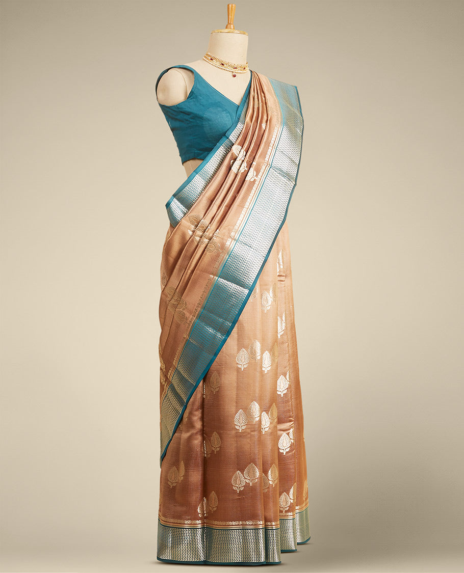 Multi-color jaal Mysore silk saree with zari design, contrast traditional zari border of floral enclosed paisleys