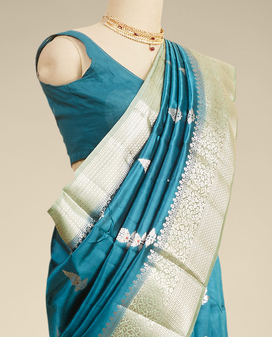 Blue  floral motifs dupion silk saree with contrast zari border