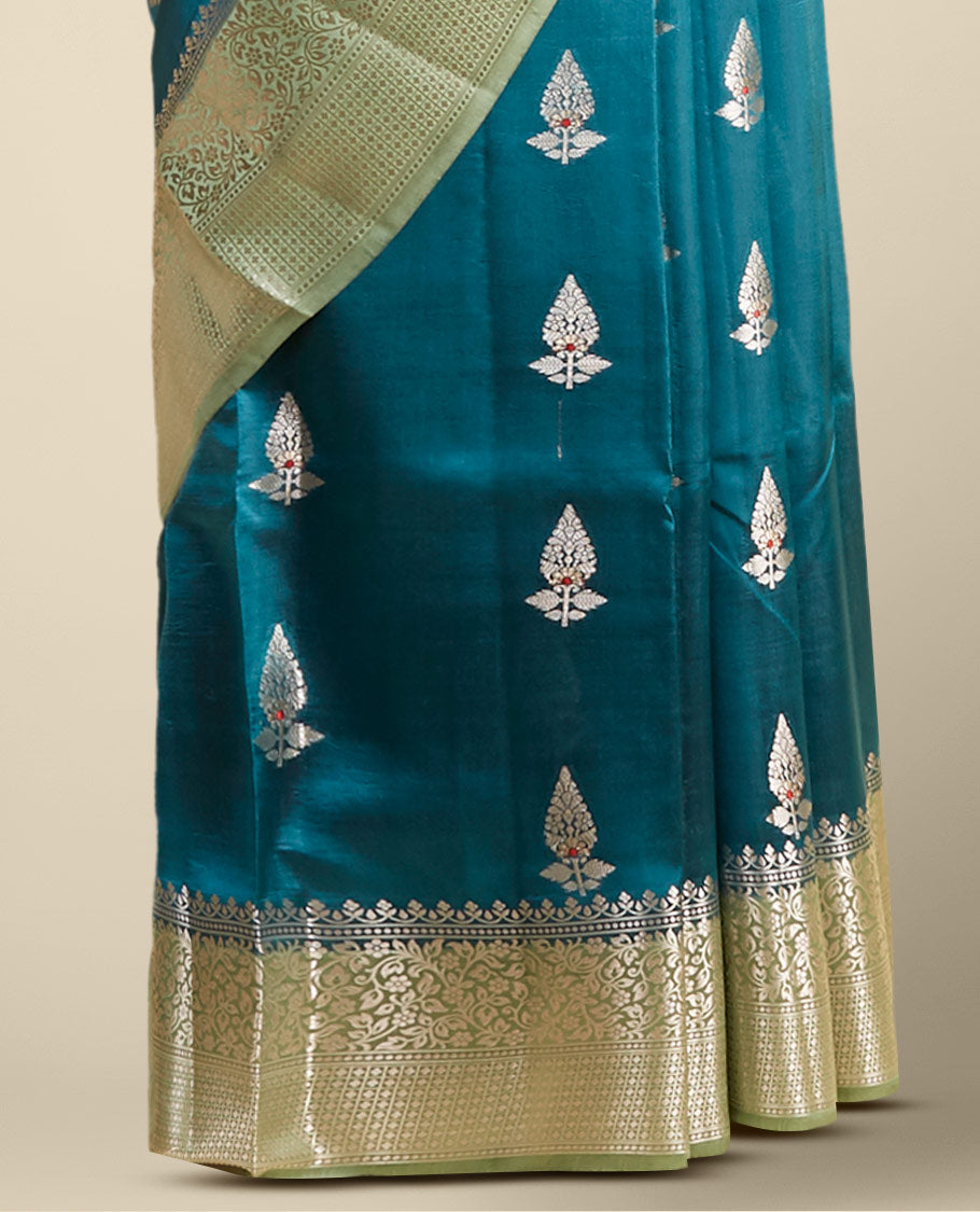 Blue  floral motifs dupion silk saree with contrast zari border