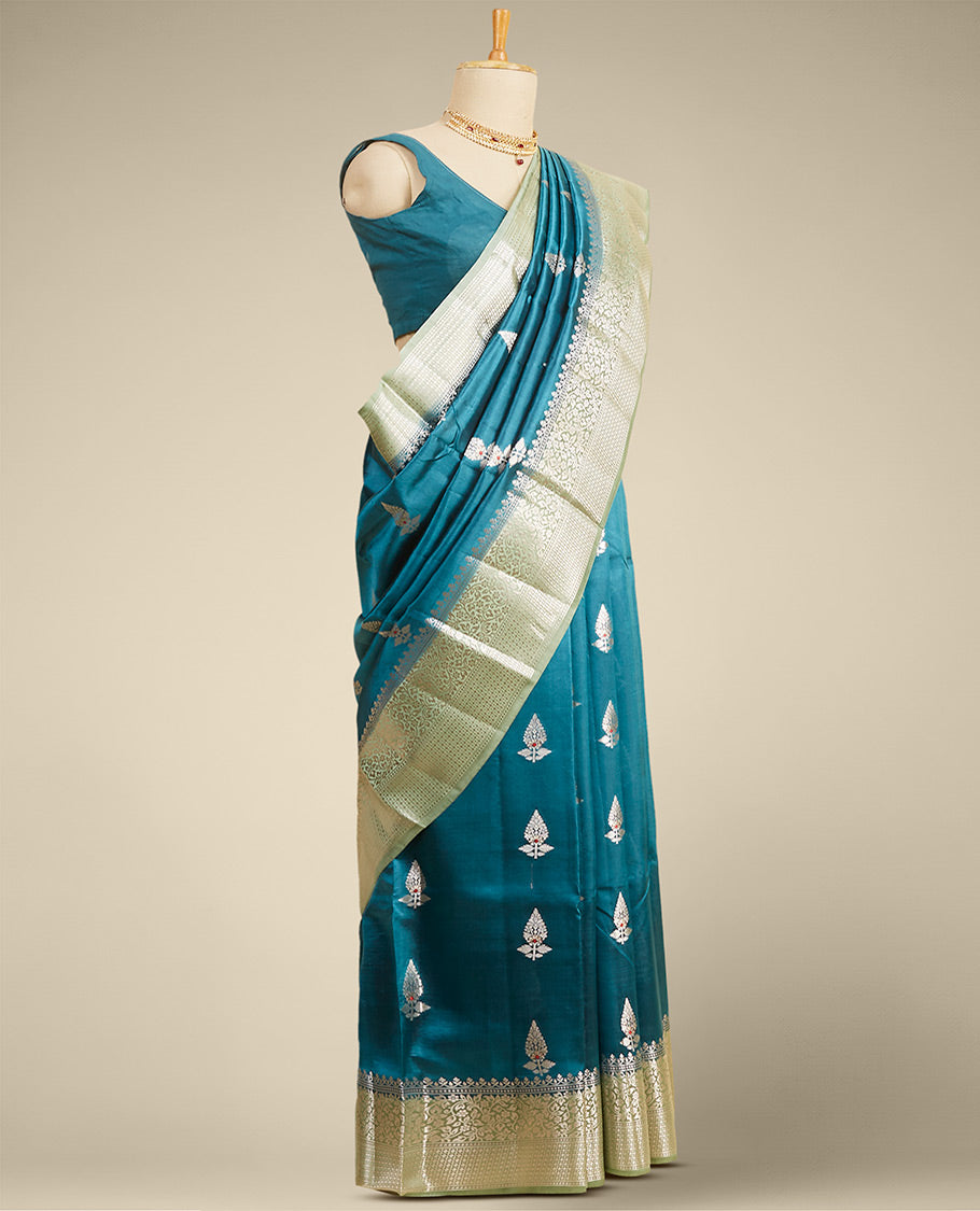 Blue  floral motifs dupion silk saree with contrast zari border
