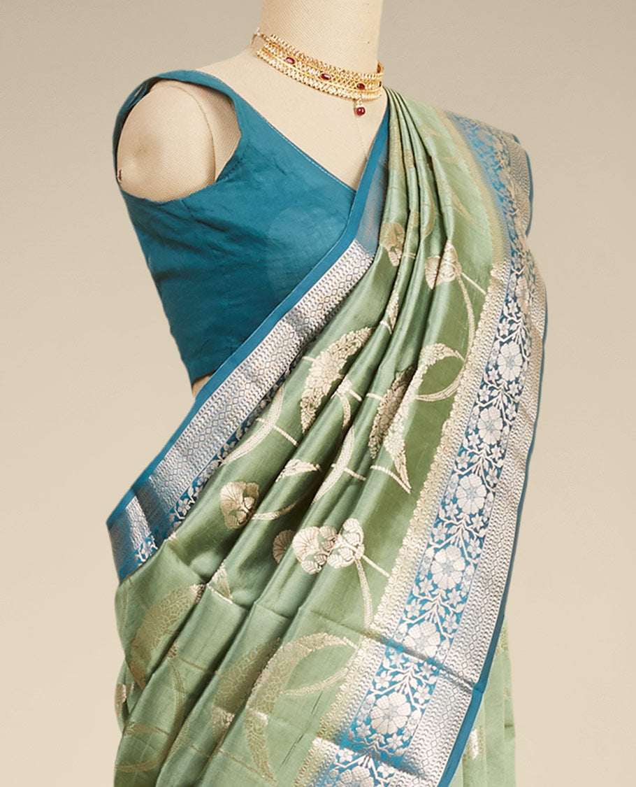 Green  floral vine zari design dupion with contrast inricate zari design border