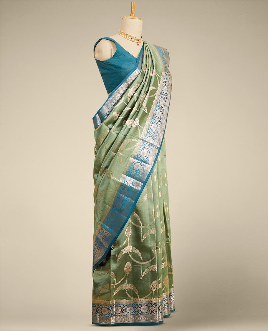 Green  floral vine zari design dupion with contrast inricate zari design border