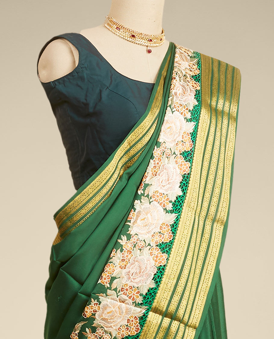 Green mysore silk saree with floral embroidery & self zari design border