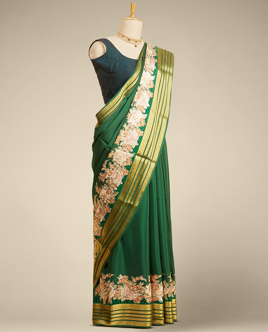 Green mysore silk saree with floral embroidery & self zari design border