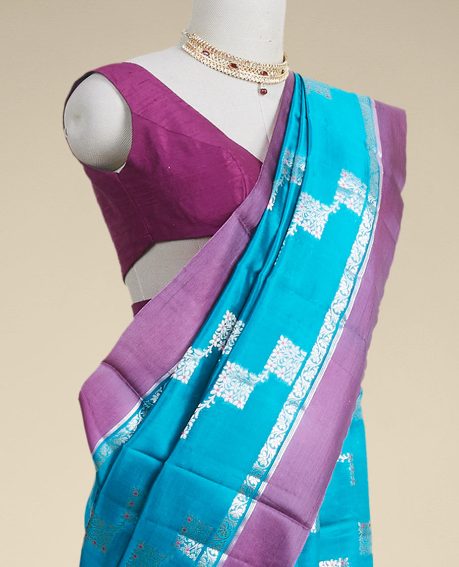 Blue geometric motifs dupion silk saree with contrast plain border