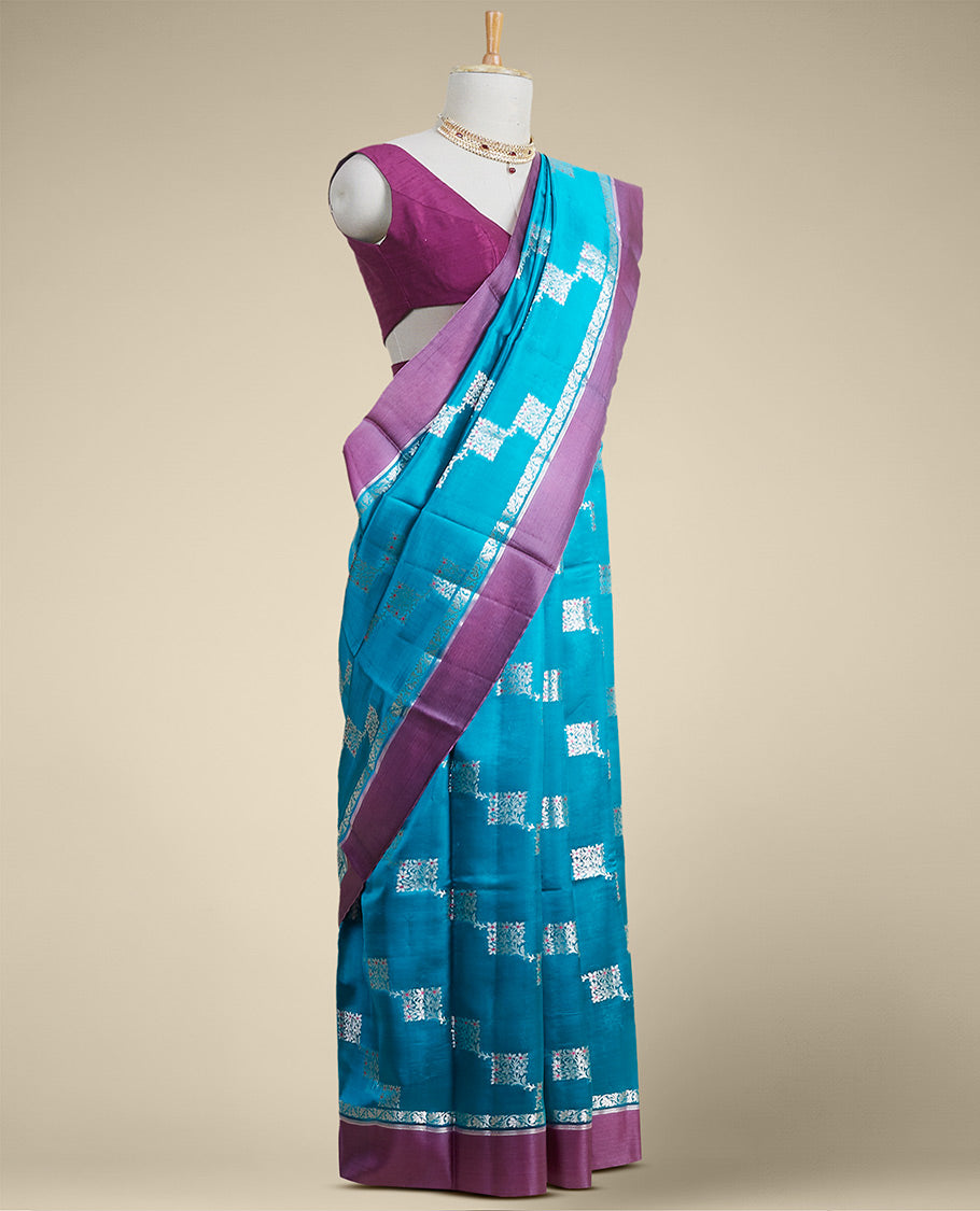 Blue geometric motifs dupion silk saree with contrast plain border