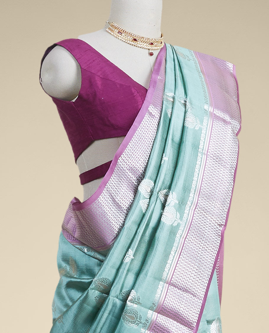 Green  floral motifs dupion silk saree with contrast intricate zari design border
