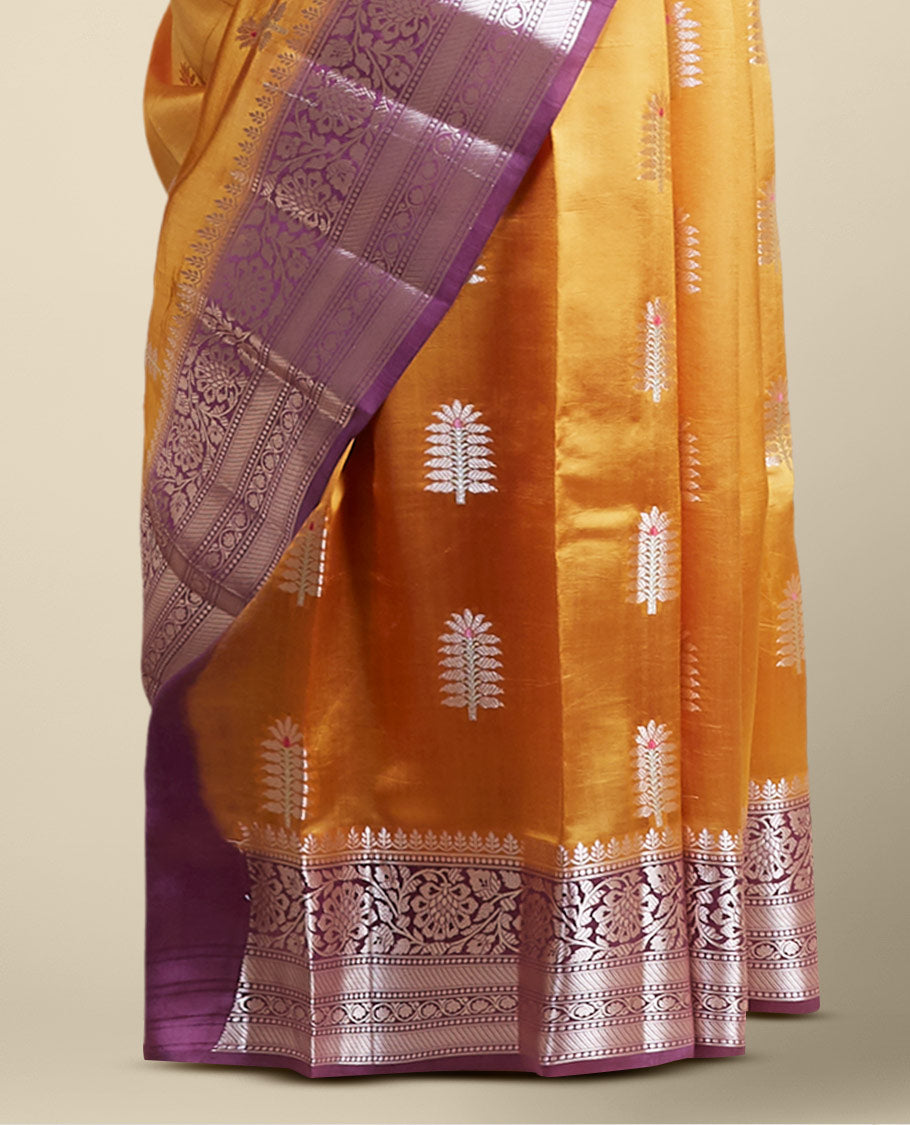 Yellow  floral motifs dupion silk saree with contrast intricate zari design border