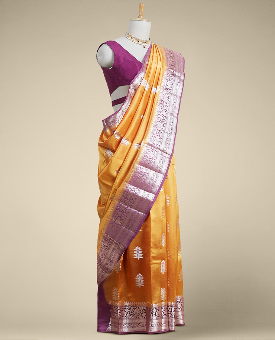 Yellow  floral motifs dupion silk saree with contrast intricate zari design border